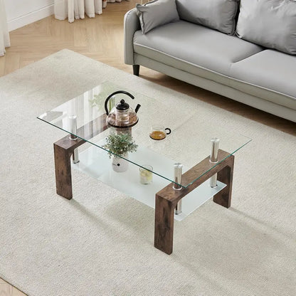 Contemporary Rectangle Coffee Table  Glass-Topped Living Room Side Table with Wooden Legs, Ideal for Waiting Areas