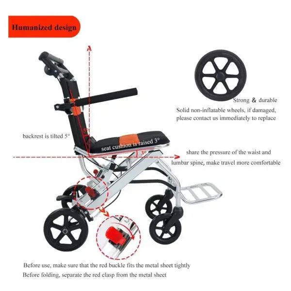 Lightweight Folding Wheelchair for Travel  Compact, Handbrake-Equipped, 220 lb Capacity, Suitable for Seniors and Kids