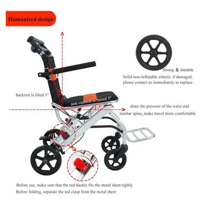 Lightweight Folding Wheelchair for Travel  Compact, Handbrake-Equipped, 220 lb Capacity, Suitable for Seniors and Kids