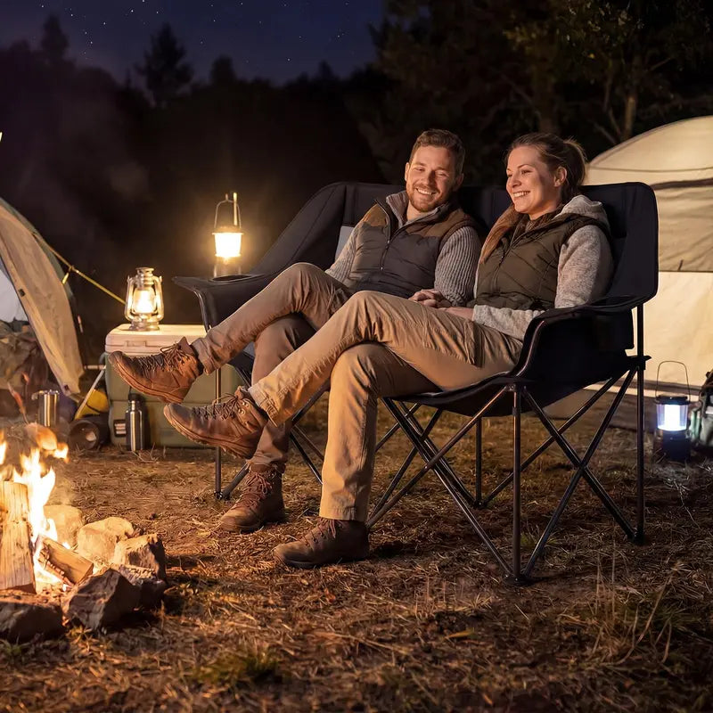 Dual-Seater Camping Chair with Cup Holders, Glass Racks & Mesh Storage