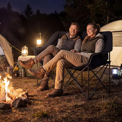 Dual-Seater Camping Chair with Cup Holders, Glass Racks & Mesh Storage