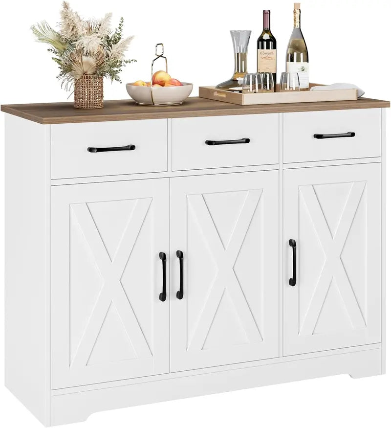 HOSTACK Farmhouse Buffet Cabinet  Barn-Door Design, Drawers & Hidden Storage