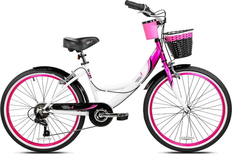 Kent Bicycles Susan G. Komen 24″ Multi-Speed Cruiser Bike for Girls, Pink/White/Black, 7-Speed, Steel Frame