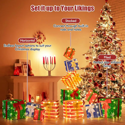 Set of 4 Stackable Pre-Lit Gift Box Decorations with Warm White LEDs &amp; Integrated Ribbons