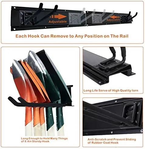 Heavy-Duty Wall-Mounted Garage Tool Rack with 6 Hooks & 3 Boards  Powder Coated Steel for Broom, Mop, Rake & Shovel Storage