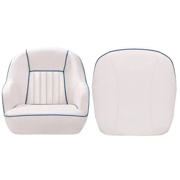 White & Blue Captains Bucket Pontoon Boat Seat  Fold-Back Backrest, Marine-Grade Cabin Seating