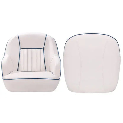 White & Blue Captains Bucket Pontoon Boat Seat  Fold-Back Backrest, Marine-Grade Cabin Seating