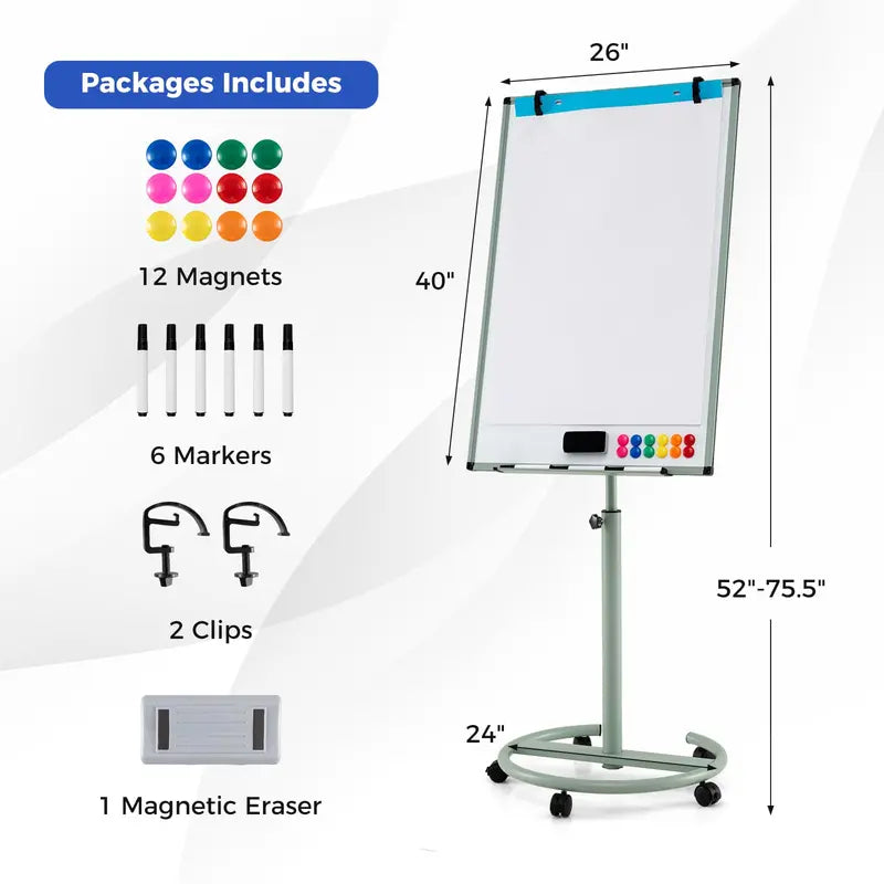 Height-Adjustable Mobile Dry Erase Board  40″ x 26″ on Stable Round Wheeled Stand