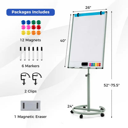 Height-Adjustable Mobile Dry Erase Board  40″ x 26″ on Stable Round Wheeled Stand
