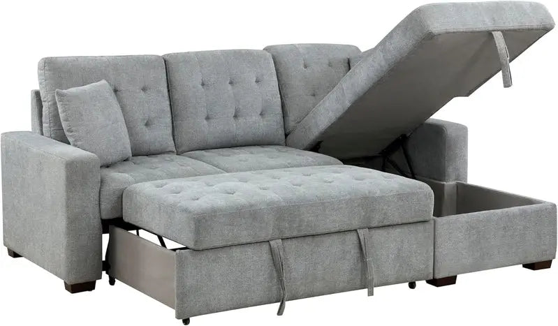 Modern L-Shaped Sleeper Sectional Sofa with Right-Side Storage Chaise and Pull-Out Bed  Gray Fabric