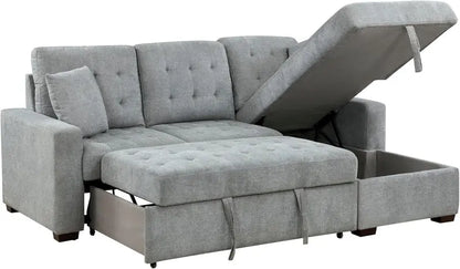 Modern L-Shaped Sleeper Sectional Sofa with Right-Side Storage Chaise and Pull-Out Bed  Gray Fabric