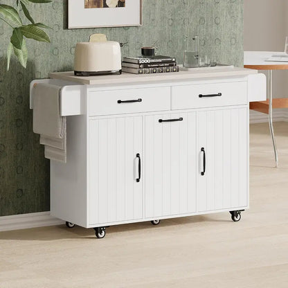 White Rotating Kitchen Island Cart  Foldable-Leg Trolley with Trash Bin, Towel Bar, Drawers, and Internal Shelves