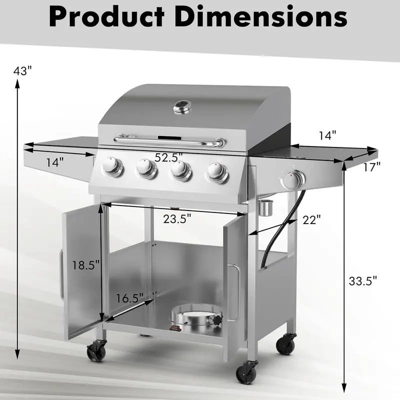 Heavy-Duty Propane BBQ Grill  50,000 BTU, 4 Main Burners + Side Burner, Stainless Steel Construction, Rolling Cart Design