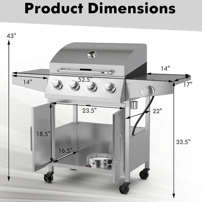 Heavy-Duty Propane BBQ Grill  50,000 BTU, 4 Main Burners + Side Burner, Stainless Steel Construction, Rolling Cart Design