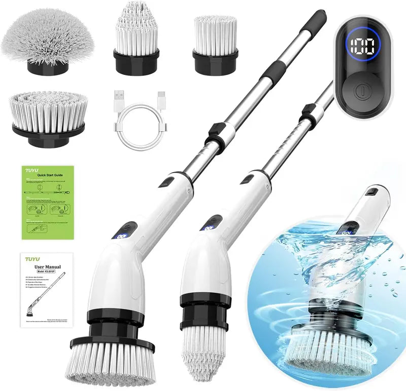 Cordless Electric Spin Scrubber  IPX7 Waterproof Bathroom Cleaner with LCD Display, Adjustable Telescoping Handle, Multi-Surface Brush Kit