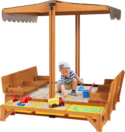 Wooden Outdoor Sandbox with Retractable Canopy  47″ x 47″ Sandpit Featuring Two Foldable Benches & Protective Liner
