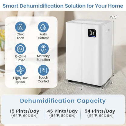 54-Pint Quiet Basement Dehumidifier  4-Liter Tank, Three Operating Modes & Programmable Timer