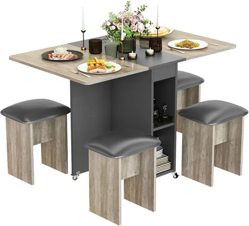 Lamerge Foldable 4-Person Dining Set  Compact Leather-Chair Dining Table with 6 Casters & Beige Upholstery