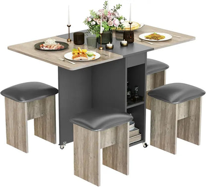 Lamerge Foldable 4-Person Dining Set  Compact Leather-Chair Dining Table with 6 Casters & Beige Upholstery