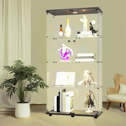 Lighted Double-Door Glass Display Cabinet  Black Finish with Four Adjustable Shelves