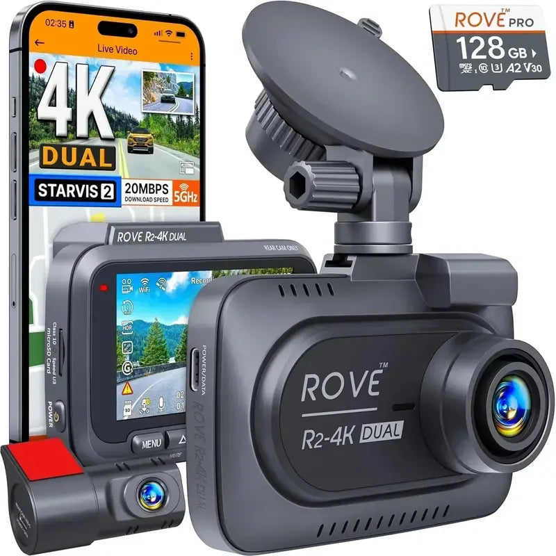 Dual-Camera Dash Cam with Front/Rear Starvis 2 Sensors, 5G WiFi & 128GB Card