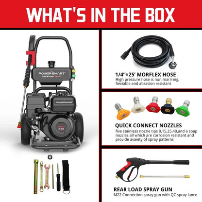 PowerSmart 3200PSI Gas Pressure Washer with 5 Nozzles   Soap Tank
