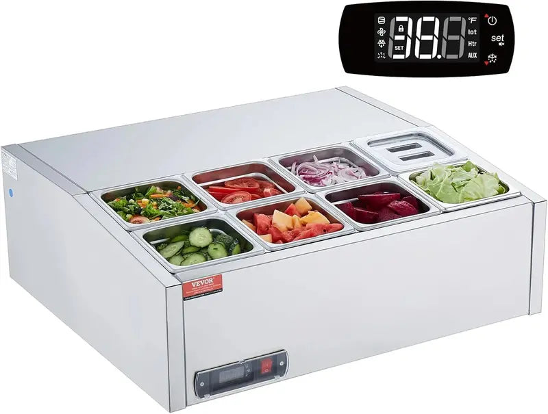 Countertop Refrigerated Condiment Prep Station  135W Sandwich Bar with Stainless Steel Body, Polycarbonate Lid, and 6 Pan Compartments