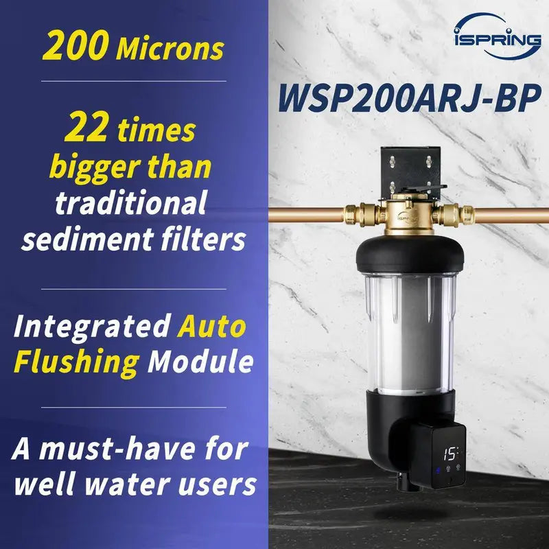 WSP200ARJ-BP Reusable Spin-Down Whole House Water Filter with Touch-Screen Auto Flushing & Bypass, Black