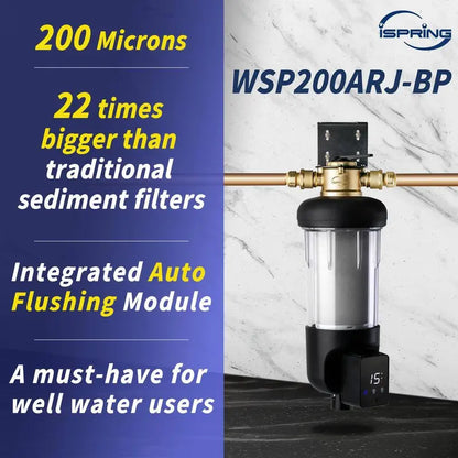 WSP200ARJ-BP Reusable Spin-Down Whole House Water Filter with Touch-Screen Auto Flushing & Bypass, Black