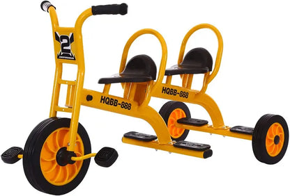 Yellow Kids Tandem Tricycle with Passenger Seat, Inflation-Free Rubber Wheels  Suitable for Ages 3+, Preschool & Daycare Playground Use