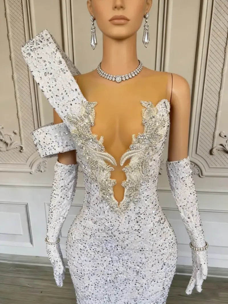 White Sequined Mermaid Formal Gown Featuring Deep V-Neck and Asymmetrical Shoulder Design