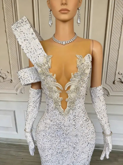 White Sequined Mermaid Formal Gown Featuring Deep V-Neck and Asymmetrical Shoulder Design
