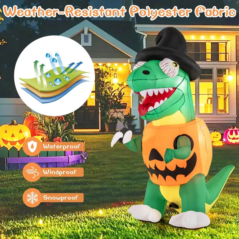6 ft Inflatable Pumpkin Dinosaur  Yard-Sized Halloween Decoration with Integrated LED Lights & Witch Hat