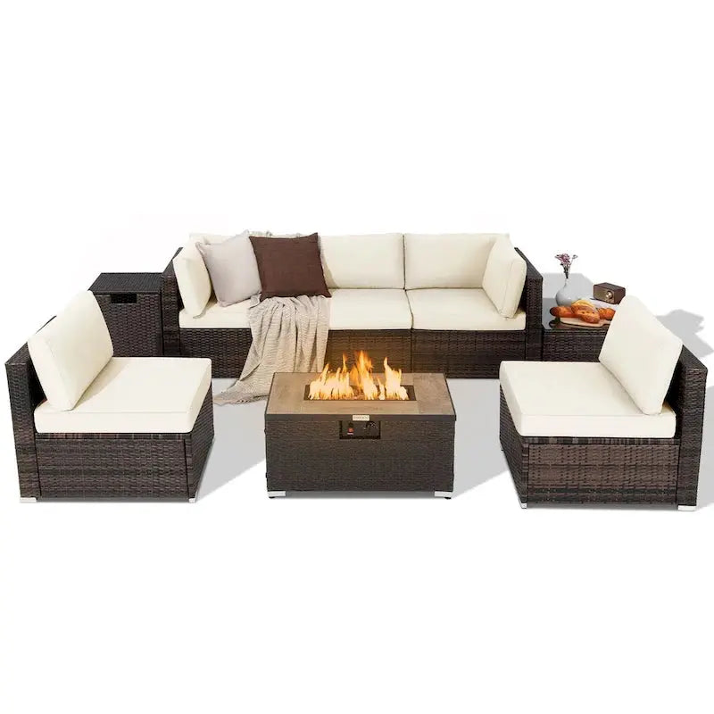 8-Piece All-Weather Rattan Patio Set  Fire Pit Table, Tank Holder, Cover, and Deck Accessories