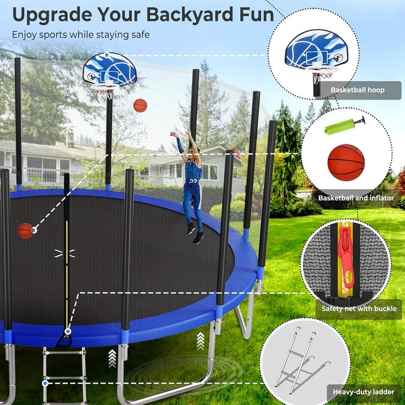 16-Foot Upgraded Trampoline with Enclosure Net and Adjustable Basketball Hoop