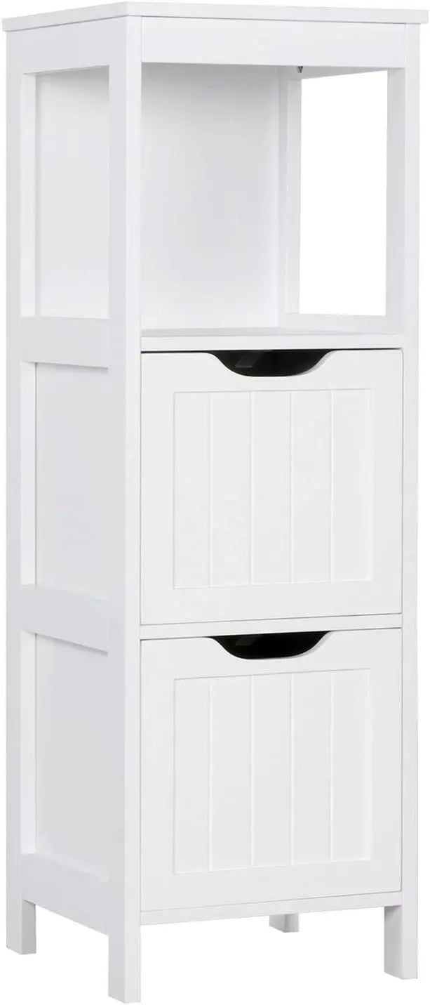 Yaheetech Freestanding Bathroom Floor Cabinet  Two-Drawer White Wooden Organizer with Side Rack & Shelf
