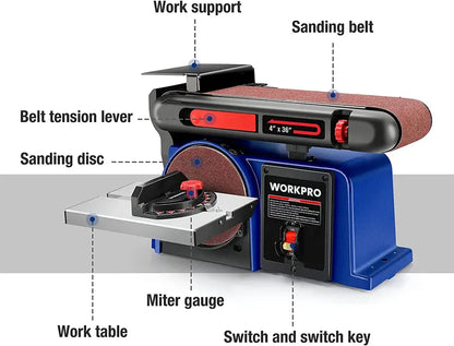 WORKPRO 4″ x 36″ Belt & 6″ Disc Sander Combo  Cast Iron Base with 6 Sanding Belts for Woodworking