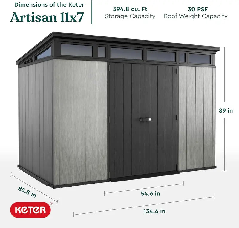 Keter Artisan 11′ x 7′ Modern Resin Storage Shed  Grey & Black, Ideal for Patio Furniture & Garden Gear