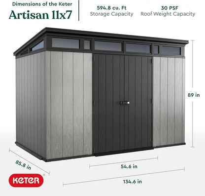 Keter Artisan 11′ x 7′ Modern Resin Storage Shed  Grey & Black, Ideal for Patio Furniture & Garden Gear