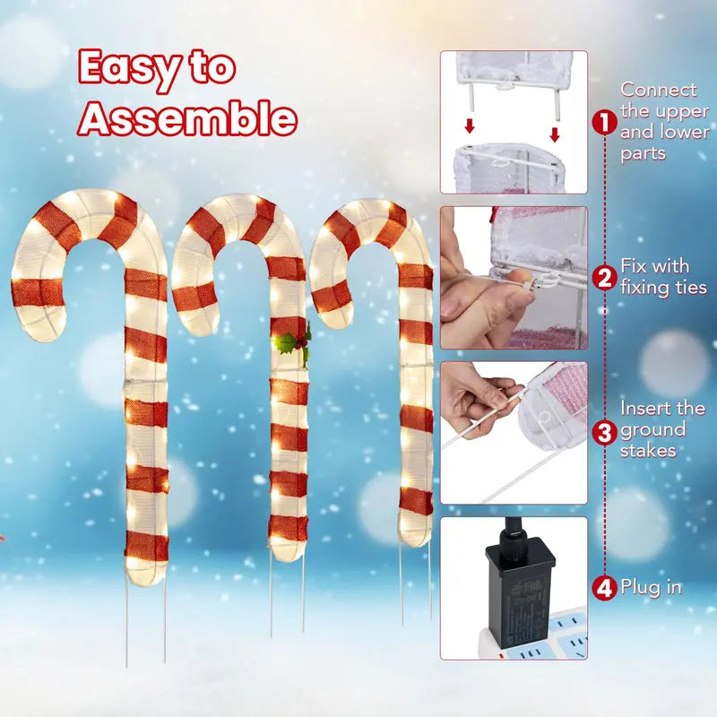 Set of 3 Lighted Candy Cane Decorations with 75 Warm White LEDs Each