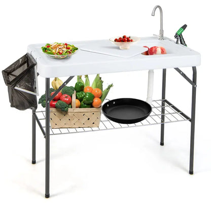 Folding Fish Cleaning Station, 42.5-Inch Stainless Table with Built-In Sink & Spray Nozzle