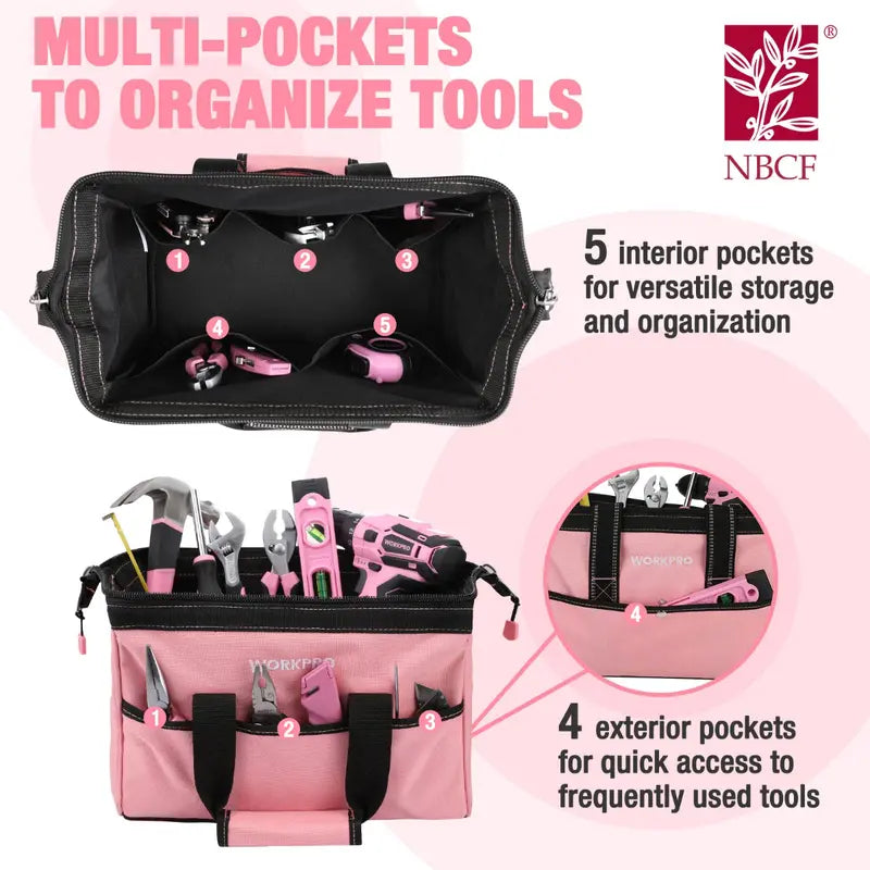 WORKPRO 13-Inch Soft Cloth Tool Bag  Lightweight Storage with Pink Ribbon Accents