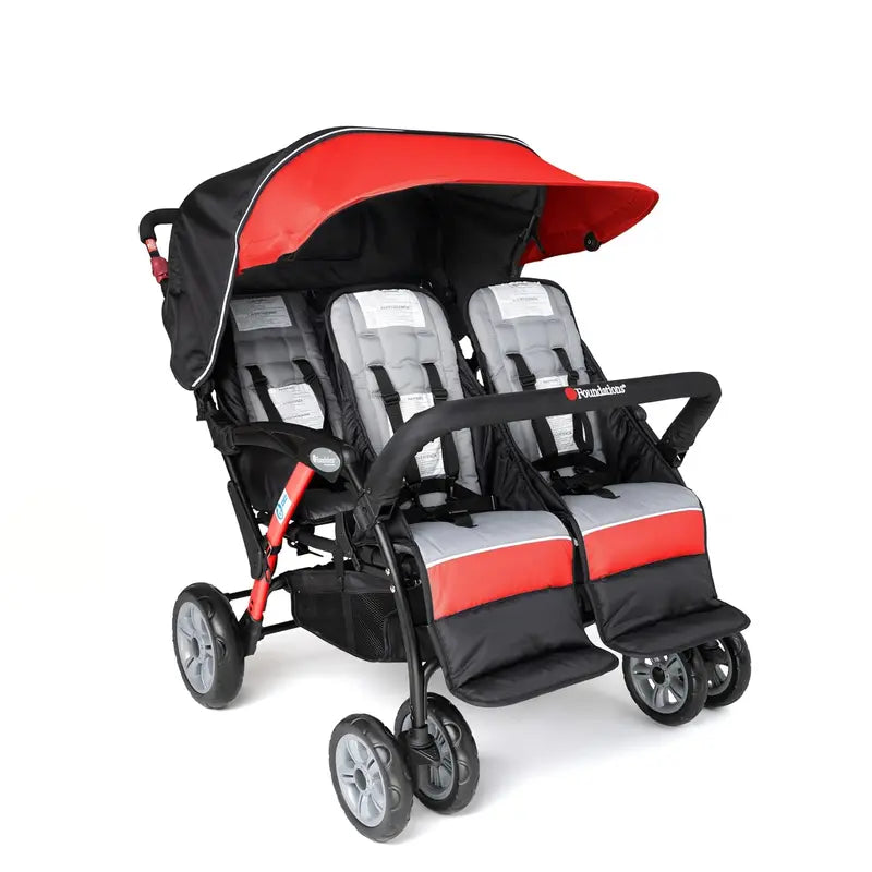 Compass Quad 4-Seat Stroller  Daycare-Ready Multi-Child Carrier with UV Canopy, 5-Point Harnesses, and Storage Bucket