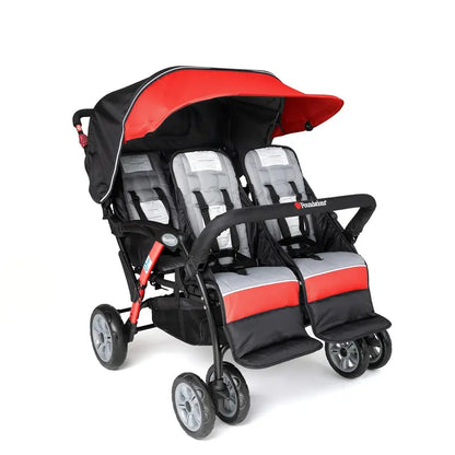 Compass Quad 4-Seat Stroller  Daycare-Ready Multi-Child Carrier with UV Canopy, 5-Point Harnesses, and Storage Bucket