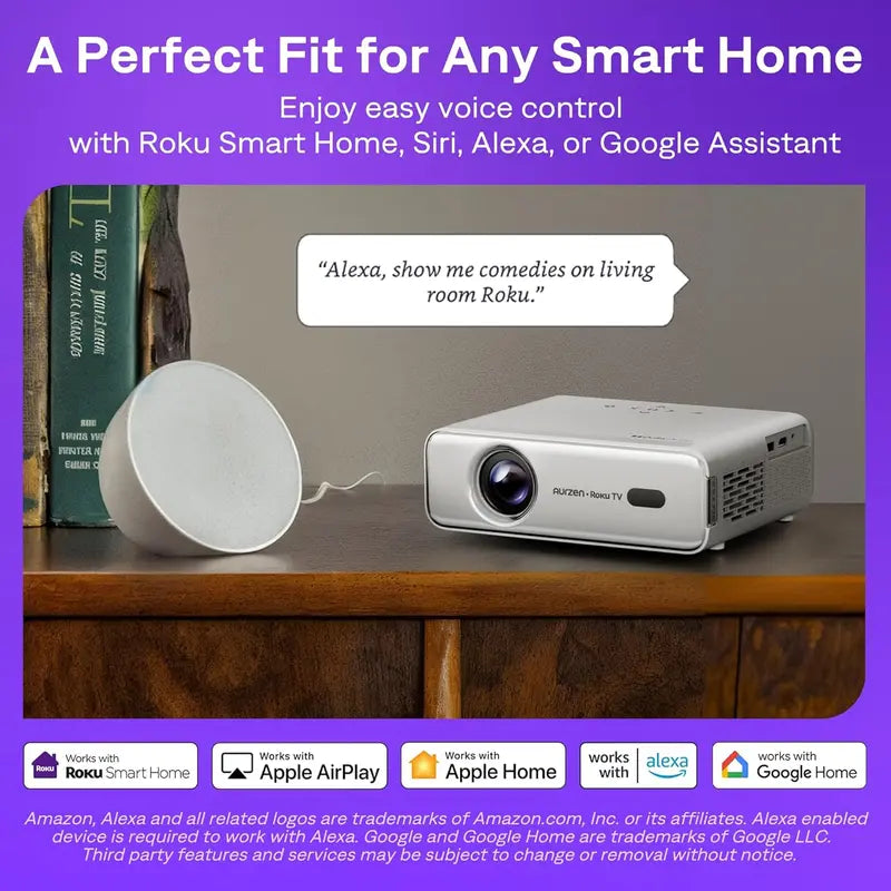 Aurzen Roku TV Smart Projector with Built-in Streaming, Wi-Fi, and Bluetooth