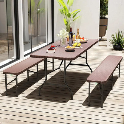 6-Foot Rattan-Style Plastic Folding Table  HDPE Textured Top, 350 lb Outdoor Duty