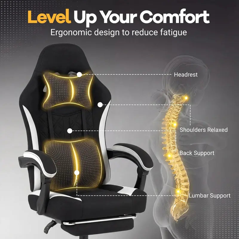 Ergonomic Gaming Chair Featuring Footrest, Linkage Armrests, and Lumbar Support