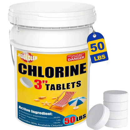 50 lb Bucket of 3-Inch Chlorine Tablets  Swimming Pool Sanitizing Chemicals for Routine Maintenance