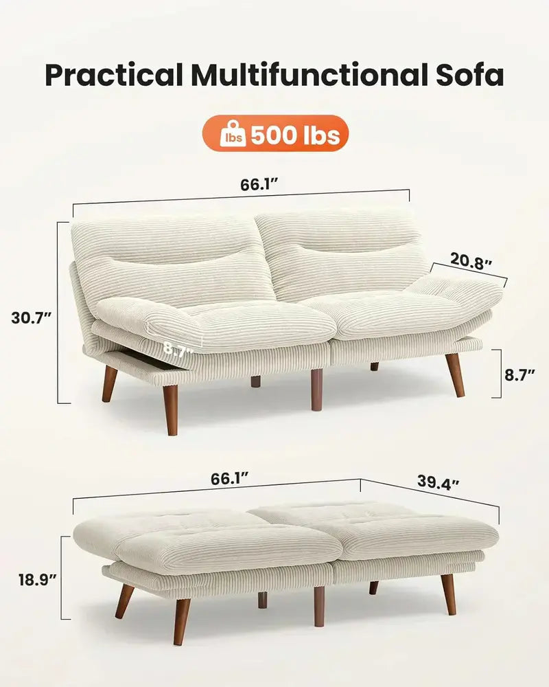 Compact Convertible Futon Sofa Bed  66″ Corduroy Reclining Sleeper for Small Apartments or Studios