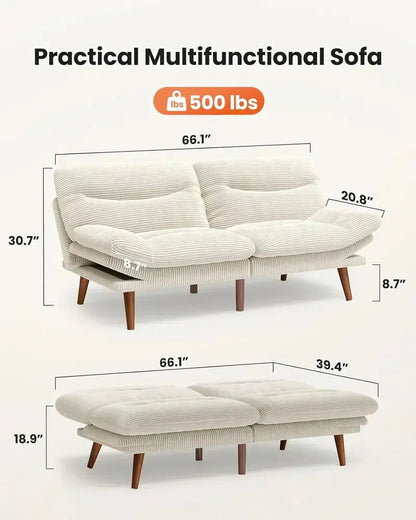 Compact Convertible Futon Sofa Bed  66″ Corduroy Reclining Sleeper for Small Apartments or Studios